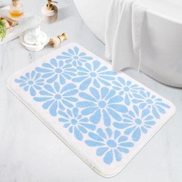 Imagem de SHIYUE Tapete de banheiro fofo, tapete de microfibra macio macio para banheiro, antiderrapante e impermeável, tapete macio para decoração de banheira de chuveiro interno (azul celeste floral 46 x 66