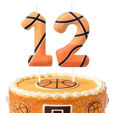 Imagem de Velas de aniversário número 12 de basquete, topo de bolo com tema de basquete para meninos e meninas, decorações de bolo para aniversários, suprimentos de festa com tema esportivo, velas para