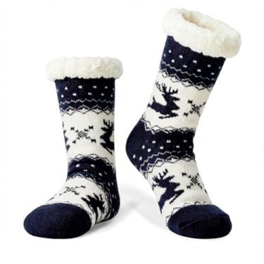 Imagem de LIGHT DOT Meias femininas de inverno com forro de lã de ovelha, estampa de rena, antiderrapante, confortável, macia, quente, presente de Natal, Azul marino, 6-10