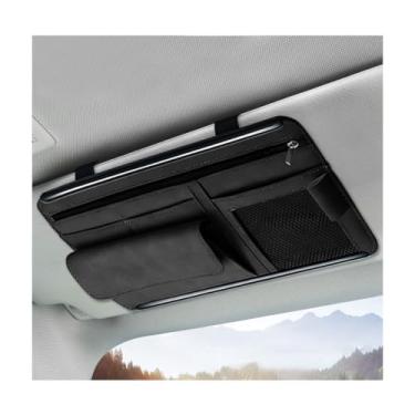 Imagem de NYTKL Organizador de viseira de sol de carro, bolsa de armazenamento de óculos de proteção solar automática de couro macio com zíper de rede de vários bolsos, capa para óculos com bolso para viseira