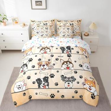 Imagem de Manfei Jogo de cama solteiro fofo de cachorro, 7 peças, desenho animado, animais de estimação, todas as estações, 1 edredom, 2 lençóis, 2 fronhas e 2 fronhas