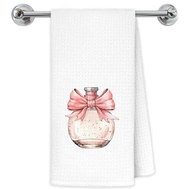 Imagem de Exqcom Coquette Pink Bow Perfume Toalhas de mão de banheiro, decoração de banheiro Coquette, toalhas de mão estéticas femininas rosa preppy para banheiro vaidade banheiro banheiro, 40 x 61 centímetros