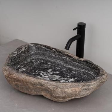 Imagem de MIDUSO Pia de embarcação de pedra irregular 100% feita à mão; pia de pedra real; pia de embarcação exclusiva; acima do balcão; pia de rocha de rio; banheiros rústicos de pias; Irre RiverStone 279
