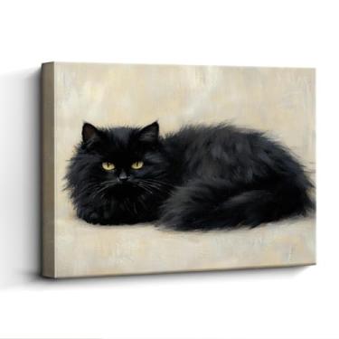 Imagem de WOXZQ Arte de parede de gato preto - Impressão de retrato felino de 38 x 30 cm com fundo minimalista - Laminado de papel sem moldura para quarto, sala de estar ou escritório - exibição de mesa e