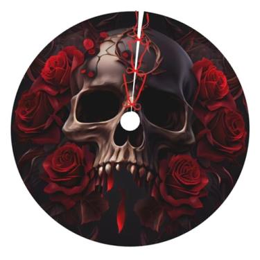 Imagem de WUWOLI Saia gótica de árvore de Natal com caveira de sangue rosa, avental espesso, tapete de saias de árvore de Natal para decoração de festas de fazenda em casa