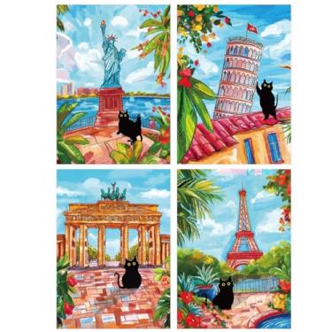Imagem de Kits de arte de diamante de gato preto – conjunto de pintura de diamante com 4 peças de edifícios mundialmente famosos, torre inclinada DIY de Pisa, arco do triunfo, torre de treliça, estátua da