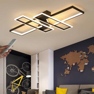 Imagem de Luminária de teto LED quadrada grande e regulável para sala de estar, preta, 120 cm de comprimento, 116 W, design geométrico moderno, 3000 K-6000 K, multifuncional, ideal para quarto, corred