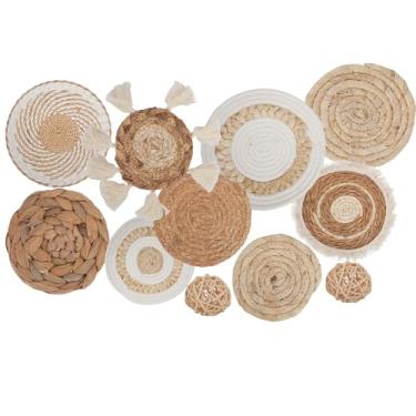 Imagem de WHOIQTME Cesto de parede Boho com 9 peças, decoração de parede em tecido de vime, 2 peças de bolas de vime de vime naturais 1,243 cm, bolas de enchimento, cesta de vime pendurada feita à mão para sala