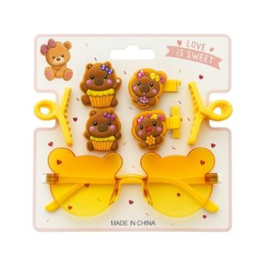 Imagem de Kit Acessórios Infantis 7 peças – Óculos de Sol Rosa Ursinho + 4 Presilhas Decoradas + 2 Piranhas - Conjunto para Meninas Festa, Lembrancinha e Fantasia (Amarelo)