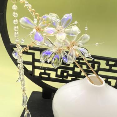 Imagem de 1 grampo de cabelo de lótus preto Cayyoomm com flores silvestres azuis - bastão de cabelo de filosofia zen chinesa, acessório de cabelo gótico Hanfu para mulheres (Lírio roxo neon)