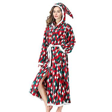 Imagem de Robe Xadrez - Roupão longo de pelúcia inverno,Robe de lã quente, roupão longo macio, roupão fofo xadrez para mulheres