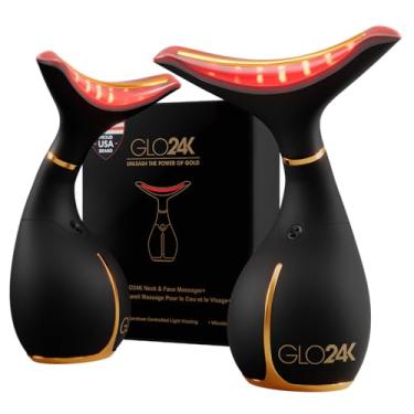 Imagem de Dispositivo de beleza de luz vermelha GLO24K para rosto e pescoço – pacote com 2, massageador facial e pescoço 3 em 1 com LED triplo e tecnologia de vibração