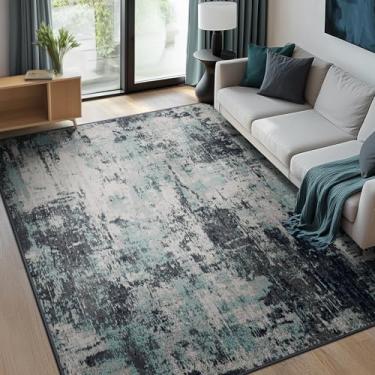 Imagem de RELEANY Tapetes laváveis 2,8 m x 2,5 m, antiderrapante, moderno, abstrato, macio para sala de estar, entrada, quarto, berçário, padrão estampado, azul e preto azul-petróleo