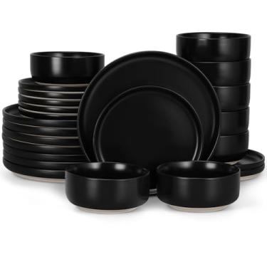 Imagem de LIANYU Conjuntos de pratos e tigelas para 8, 24 peças, louça de porcelana para cozinha e jantar, forno de microondas, lavável na lava-louças, resistente a altas temperaturas e arranhões, preto fosco