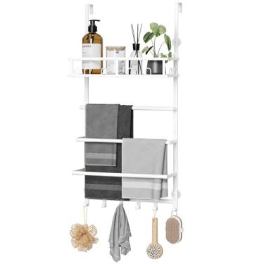 Imagem de Aetyord Toalheiro para banheiro sobre a porta toalheiro armazenamento de toalhas com cesta de prateleira de metal e ganchos brancos