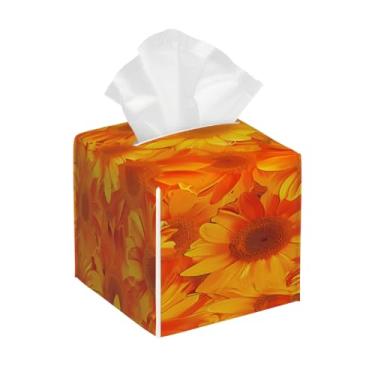Imagem de Porta-lenços de couro quadrado à prova d'água flor girassol laranja sol facial organizador de papel com cinto inferior cubo estojo de lenços para mesa banheiro escritório mesa carro decorativo