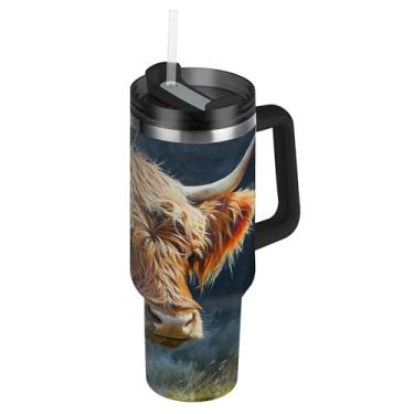 Imagem de SEHANY Copo Highland Cow de 850 g com tampa e canudo, aço inoxidável de vácuo duplo isolado garrafa de água esportiva suporte para copo de café de viagem à prova de vazamento para bebida gelada