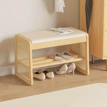 Imagem de Yadlan Banco de madeira maciça com almofada, sapateira de 2 camadas para entrada, quarto ou armário, banco de canto para corredor, sala de estar, cor de madeira 60 cm