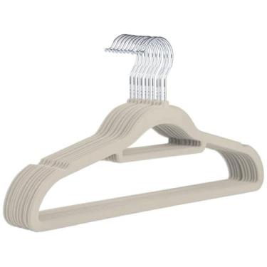Imagem de Cabide Slim de Veludo Antideslizante, 42cm, Bege, Ultrafino 5mm, Plástico Revestido com Veludo, Gancho de Metal Cromado