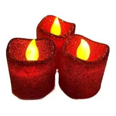 Imagem de kit com 3 velas Glitter Luz De Chá De Led Cristal Acrílico imita Chama Com Botão Decoração De Natal De Casamento Bateria (Vermelho)