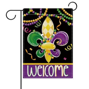 Imagem de Dyrenson Welcome Mardi Gras Fleur De Lis Bandeira Decorativa de Jardim, Contas de Carnaval de Nova Orleans Quintal Decoração Externa de Casa, Argyle Baile de Máscaras Serapilheira Exterior Pequena