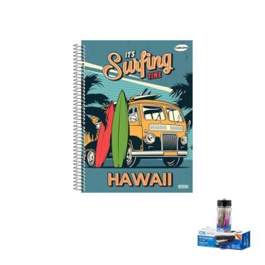 Imagem de Kit Caderno Masculino 1 Matéria Capa Dura 96 Folhas + Caneta Esferográfica Sortida + Grampeador Metallic C-15