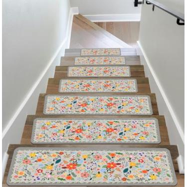 Imagem de Tapetes de escada florais para degraus de madeira antiderrapantes 20 x 76 cm, 15 peças, tapete de escada cinza com fundo de borracha, lavável, reutilizável, tapetes de escada de segurança interna para