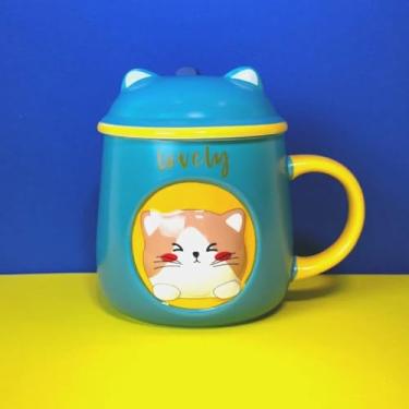Imagem de Caneca de Porcelana 3D Gatinho Verde com Tampa e Colher – charme, fofura e praticidade no seu dia a dia!