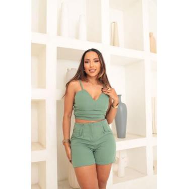 Imagem de Conjunto alfaiataria feminino, shorts e croped com bojo - ETEZO, Verde