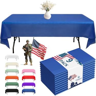 Imagem de Fixwal Pacote com 9 toalhas de mesa de plástico descartáveis, 137 x 272 cm, festa, piquenique, casamento, toalhas de mesa decorativas, retângulo, capa de plástico azul marinho, à prova de vazamento e