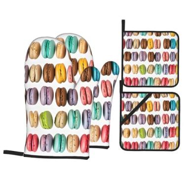 Imagem de Macaron – Conjunto de luvas de cozinha estampadas com suportes de tampa, luvas de forno resistentes ao calor para manusear panelas quentes, grelhar, churrascos, kit de 4 peças.