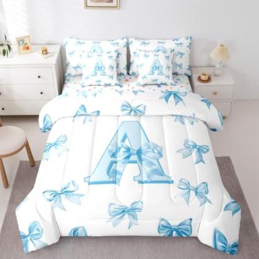 Imagem de Lindo conjunto de cama solteiro com laço azul, 7 peças, letra A e lençol com lençol para crianças, meninas, adolescentes, lençol com laço personalizado em uma bolsa para quarto de princesa, conjunto