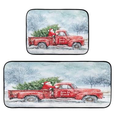 Imagem de xigua Conjunto de 2 peças de tapetes e tapetes de cozinha de caminhões vermelhos antigos em aquarela absorventes macios para chão, tapete de cozinha, antiderrapante, conjunto de capachos, 50 x 120 cm