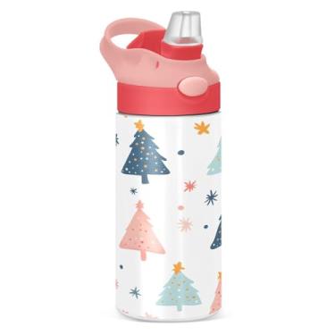Imagem de YETTASBIN Garrafa de água de árvore de Natal para crianças, 340 g, à prova de vazamento, parede dupla, isolada, garrafa de água de aço inoxidável, copo de viagem com tampa de canudo para meninas