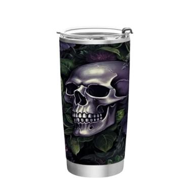 Imagem de Wassud Copo com caveiras de flores de bruxa preta com tampa e canudo de aço inoxidável de parede dupla copo isolado copo de viagem caneca de café para bebidas frias e quentes 350 ml