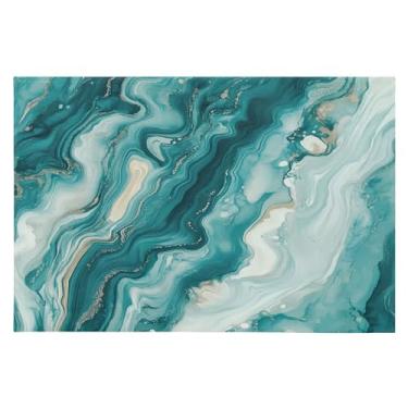 Imagem de CEBUGI Tapete de área 60 x 90 cm macio lavável tapete antiderrapante com revestimento de borracha azul-petróleo branco mármore padrão tapetes para sala de estar, quarto, decoração de casa