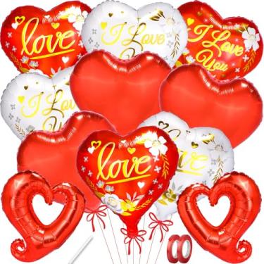 Imagem de XJYXQF Balões I Love You, 11 peças, balões de alumínio de coração vermelho de 45,7 cm para decorações de dia dos namorados, decoração de festa de noivado de aniversário romântico, conjunto de corações