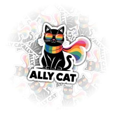 Imagem de 3 peças adesivos de gato aliado, gato preto com cachecol arco-íris e óculos de orgulho, decalque LGBTQ+ Ally Cats para laptop, garrafa de água, telefone, janela, adesivos de capacete cortados à prova