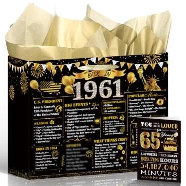 Imagem de Bolsa de presente de aniversário de 65 anos de ouro preto - Wixben Vintage Back in 1961 Decorações de aniversário, grande saco de embrulho com alça cartão de felicitações de papel de seda para homens