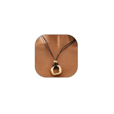 Imagem de Navirix Colar com pingente redondo oco de ouro grosso, cordão de couro preto retrô, colar gargantilha ajustável para mulheres, joia ocidental exclusiva, Large, Liga de aço, Sem Pedra Preciosa