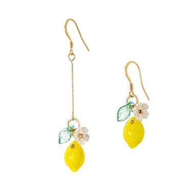 Imagem de Brincos femininos de limão, flor de folha de resina, pingente de limão, brincos de gota de ouro assimétrico, acessórios de joias fofas, Large, Liga de aço, Sem pedra preciosa