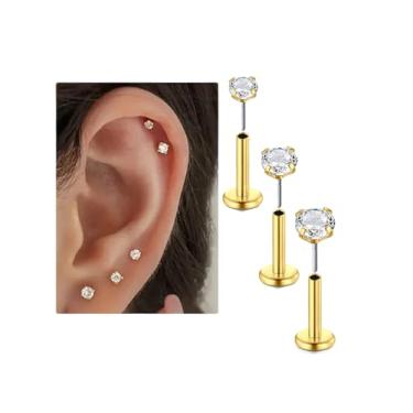 Imagem de Brinco de cartilagem de ouro prateado para mulheres, brincos sem fio, hipoalergênicos, tragus, concha, cartilagem, hélice, joias, 20 g, brincos de segundo furo plano para mulheres, conjunto de pilhas