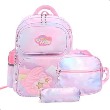 Imagem de Kit Mochila Escolar Grande Delicada Sereia + Lancheira e Estojo Escolar (Rosa)