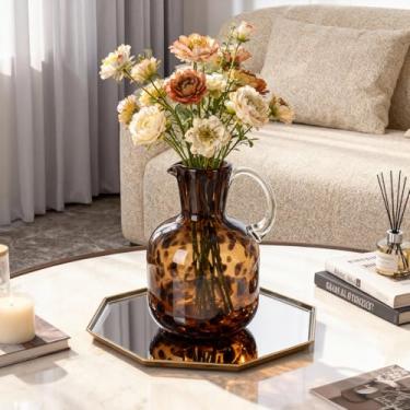 Imagem de Vaso de vidro de concha de tartaruga de 19 cm, vaso de vidro decorativo redondo translúcido marrom âmbar, vaso de fazenda moderno com estampa de leopardo, para decoração de casa, centro de mesa de