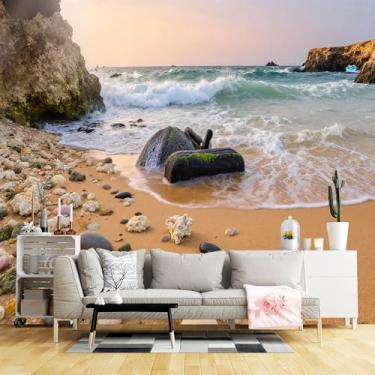 Imagem de Murais de parede de tamanho personalizado, costa pôr do sol praia pedras coral tecido de parede autoadesivo (sem PVC) papel de parede grande removível para sala de estar, quarto, escritório