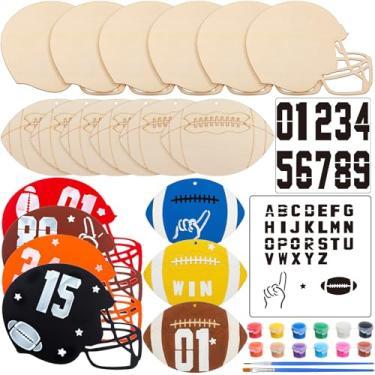 Imagem de DoubleFill 12 kits grandes de pintura de futebol de madeira para crianças 19 x 5,9 cm bolas de futebol de madeira tema esportivo artesanato para crianças pintura faça você mesmo pendurar porta tema