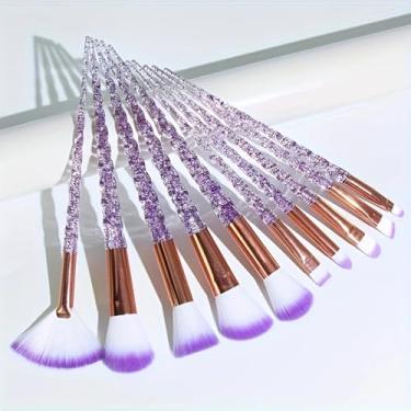 Imagem de Conjunto de 10 pincéis de maquiagem de cristal com glitter, pincéis de maquiagem para fãs Sparkles Blush em pó (Roxo)