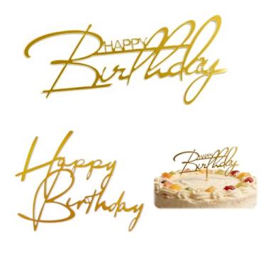 Imagem de Nextpal Conjunto de topo de bolo de feliz aniversário de acrílico dourado, placa de decoração de bolo lateral, suprimentos de festa reutilizáveis para aniversário, casamento, aniversário, celebração