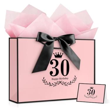 Imagem de YoungTree Saco de presente de aniversário de 30 anos com papel de seda e 1 fita de cartão comemorativo, sacos de presente de papel portátil com alças, sacos de presente rosa preto para decoração de