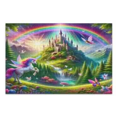 Imagem de Castelo com unicórnio arco-íris quebra-cabeça de 1000 peças, quebra-cabeças desafiadores para adultos, jogos adultos para noite de jogo